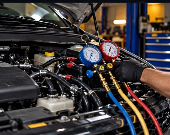 Automotive air conditioning system being checked