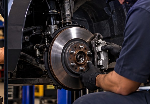 Technician inspecting a vehicle brake rotor