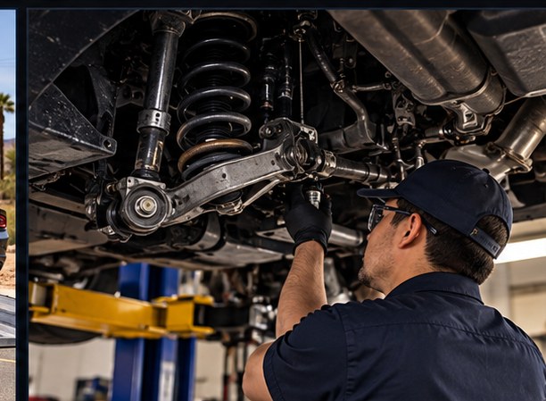 Mechanic working underneath a vehicle on its suspension