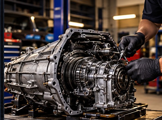 Transmission being serviced by a mechanic